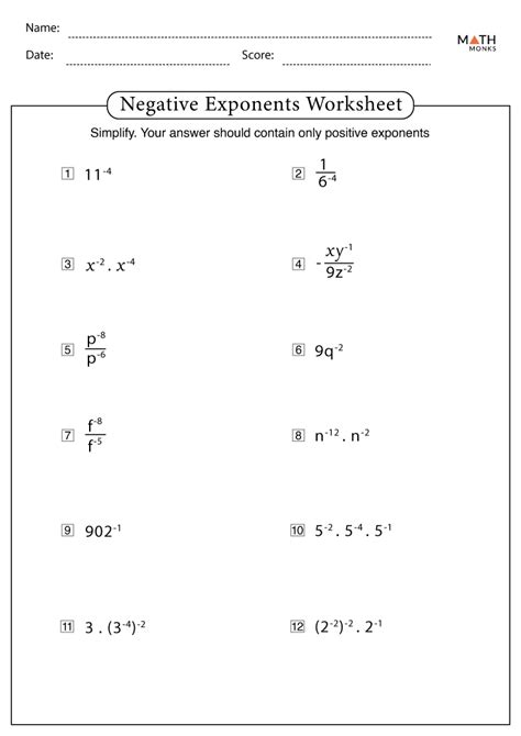 negative exponents worksheet 8th grade pdf